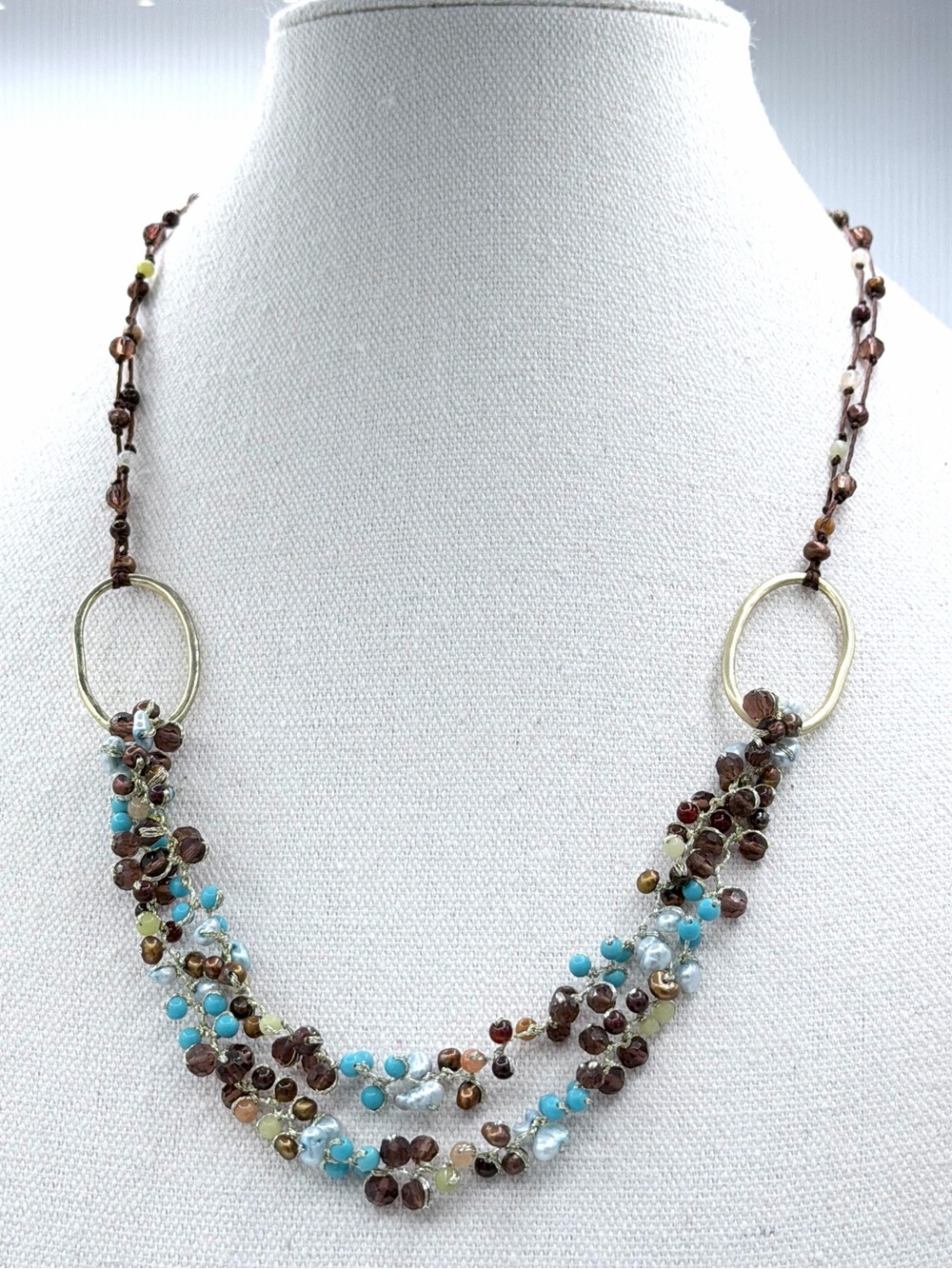 Multi-strand Bib Necklace Faceted Glass Beads Turquoise-Colored Small Pearls - Picture 1 of 4